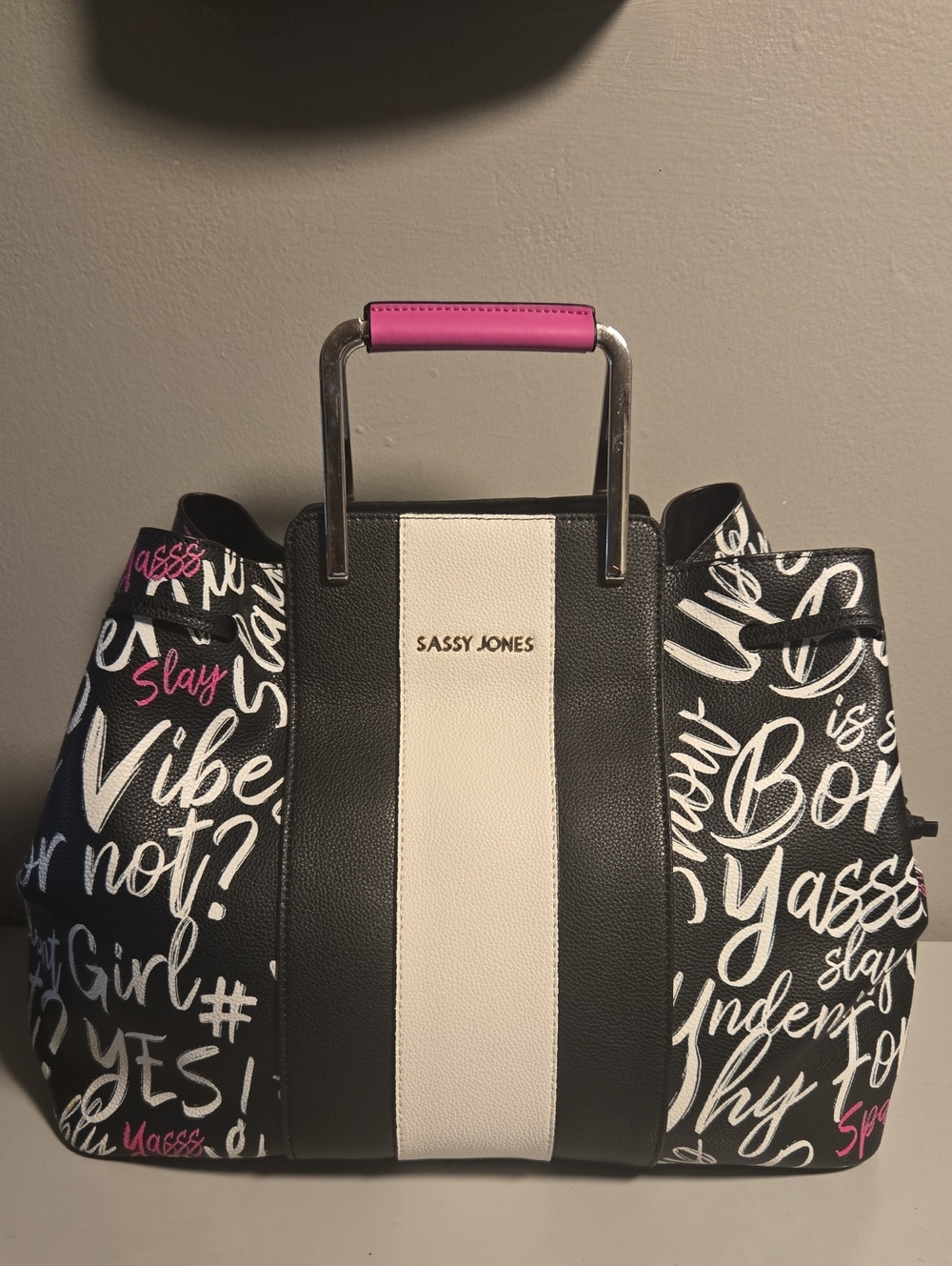 Sassy Jones Black & White Graffiti Tote with Pink Handle